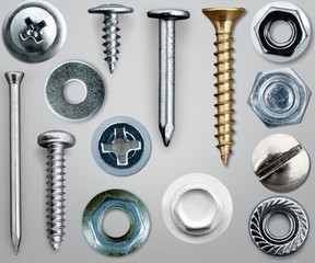 Various screws and nuts, flat lay, top view