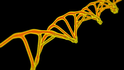 This scene viewed under a microscope the molecules DNA on a the Dark background. The Concept molecular biology and biotechnology, Deoxyribonucleic acid genomes. 3D rendering.