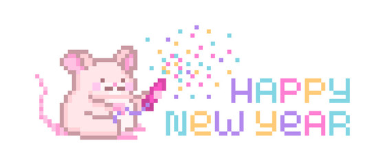 Happy new year, pixel art lettering greeting card with cute mouse character exploding party popper with confetti. 8 bit font quote for calendar isolated on white background.Rat, chinese symbol of 2020