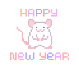 Obraz premium Happy new year, bright pixel art lettering greeting card with white mouse character. 8 bit font quote for calendar isolated on white background. Winter holiday banner. Rat, chinese symbol of 2020.