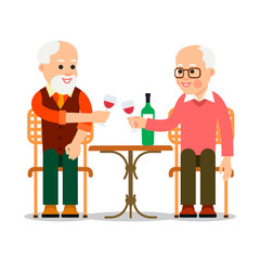 Elderly men are sitting at a table and drinking wine. Old people enjoying time together. Dinner in a restaurant. Illustration of people characters isolated in flat style