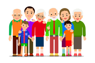 Big family portrait. Love concept. Father, mother, son, daughter, grandfather, grandmother. Children and parents. Happy childhood. Illustration of people characters isolated in flat style
