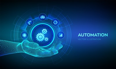 IOT and Automation Software concept as an innovation, improving productivity in technology and business processes. Automation icon in robotic hand. Vector illustration.