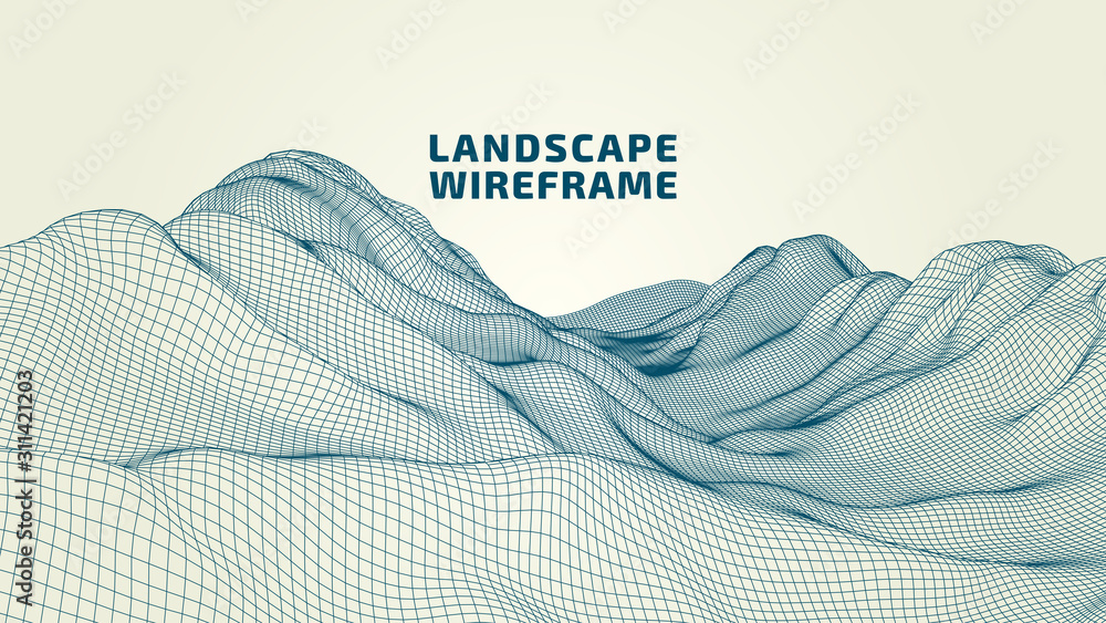 Poster abstract wireframe background. 3d grid technology illustration landscape. digital terrain cyberspace