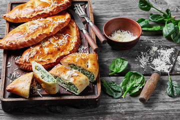 close-up of a calzone with Spinach and Cheese