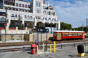A street car stops in the French Quarter of New Orleans