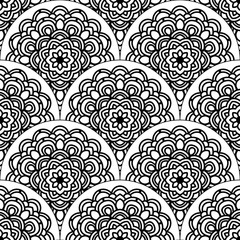 Abstract mandala fish scale seamless pattern. Ornamental tile, mosaic background. Floral patchwork infinity card. Arabic, Indian, ottoman motifs. Vector illustration. 