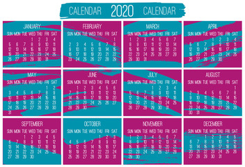 Year 2020 monthly hand drawn brush stroke calendar