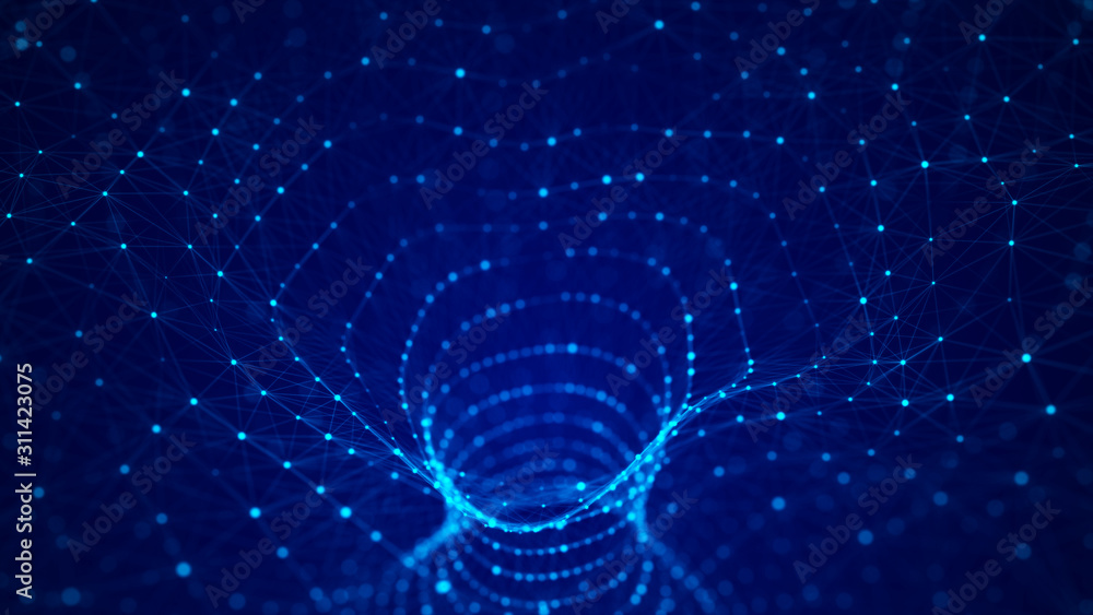 Fototapete Abstract 3d portal. Tunnel or wormhole. Digital blue background with connected blue dots. 3d rendering.