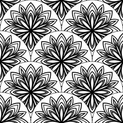 Abstract mandala fish scale seamless pattern. Ornamental tile, mosaic background. Floral patchwork infinity card. Arabic, Indian, ottoman motifs. Vector illustration. 