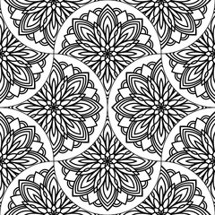 Fototapeta premium Abstract mandala fish scale seamless pattern. Ornamental tile, mosaic background. Floral patchwork infinity card. Arabic, Indian, ottoman motifs. Vector illustration. 