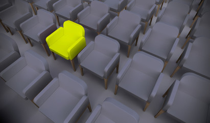 Obraz premium Concept or conceptual yellow armchair standing out in a conference room as a metaphor for leadership, vision and strategy. A 3d illustration of individuality, creativity and achievement