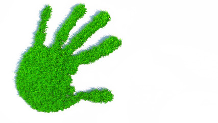 Concept or conceptual green grass handprint isolated on white background. A metaphor for ecology, environment, recycle, nature conservation,  pring or protection against global warming 3d illustration
