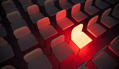 Obraz premium Concept or conceptual orange armchair standing out in a conference room as a metaphor for leadership, vision and strategy. A 3d illustration of individuality, creativity and achievement