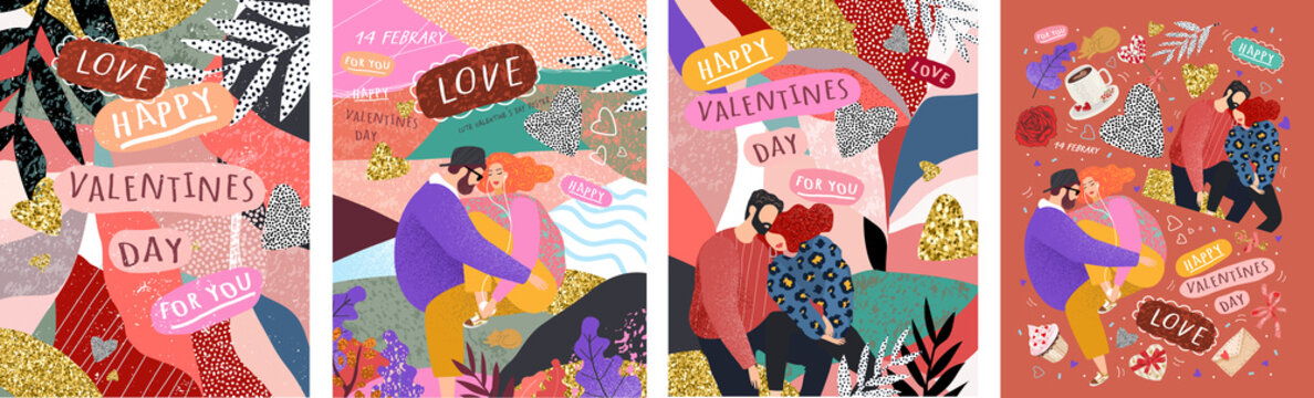 Happy Valentine's Day! Vector cute illustrations of a couple in love for background, card or poster. Abstract trendy modern print for the holiday.