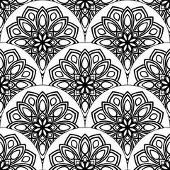 Abstract mandala fish scale seamless pattern. Ornamental tile, mosaic background. Floral patchwork infinity card. Arabic, Indian, ottoman motifs. Vector illustration. 