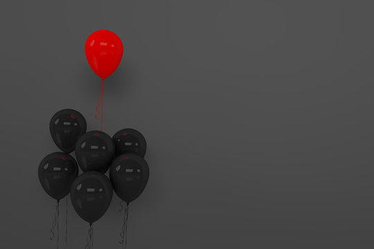 3d Rendering Of Leadership And Celebration Concept. Different, Unique, Red Balloon Standing Out From The Crowd On Black Background. Birthday, Holiday Or Party Web Banner With Copy Space.