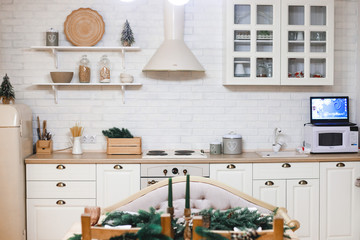 front view of kitchen table in fancy bright kitchen