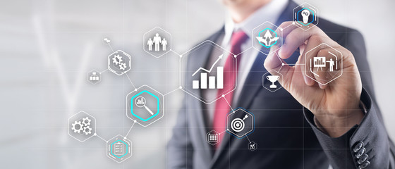 Cogwheel Gears abstract background business technology automation industry 4.0 concept of blurred modern city background