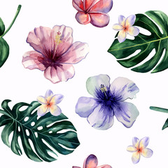 Watercolor hand painted seamless pattern with hibiscus and plumeria flowers and monstera leaves on white background. Bright tropical pattern is perfect for trendy textile design.