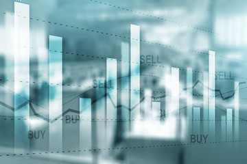 Sell and Buy. Illustration Financial stock trading graph chart diagram on blurred office background.