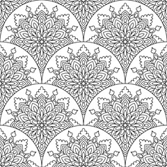 Abstract mandala fish scale seamless pattern. Ornamental tile, mosaic background. Floral patchwork infinity card. Arabic, Indian, ottoman motifs. Vector illustration. 