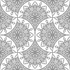 Abstract mandala fish scale seamless pattern. Ornamental tile, mosaic background. Floral patchwork infinity card. Arabic, Indian, ottoman motifs. Vector illustration. 