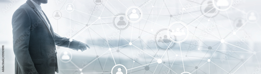 Poster background conceptual image with social connection lines on panoramic fone.