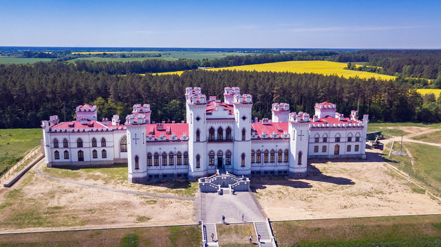 Aerial view of the very beatiful historical palace in the town Kossovo in Belarus. Traveler concept.
