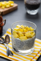 Healthy food. Chia seed pudding with pineapple. Copy space.