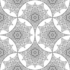 Abstract mandala fish scale seamless pattern. Ornamental tile, mosaic background. Floral patchwork infinity card. Arabic, Indian, ottoman motifs. Vector illustration. 