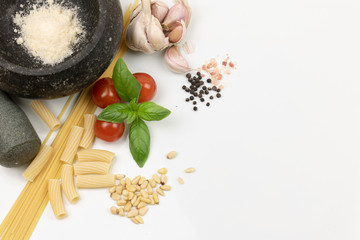 Ingredients for italian cooking on white background