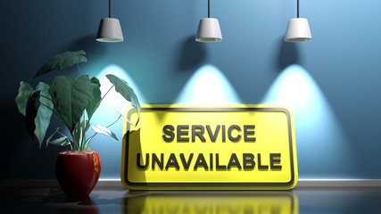 SERVICE UNAVAILABLE on yellow sign at blue illuminated wall - 3D rendering illustration - obrazy, fototapety, plakaty