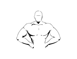 Silhouette of a strong athletic muscular athlete. Line Drawing Male figure for Gym Logo. Sports man. Bodybuilder standing with hands on hips. Wrestler body torso. Fitness and health icon Vector sketch