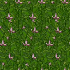 Fototapeta premium Seamless banana leaf pattern background. Black and white with draw line art illustration. Hand draw outline black leaves on white background.
