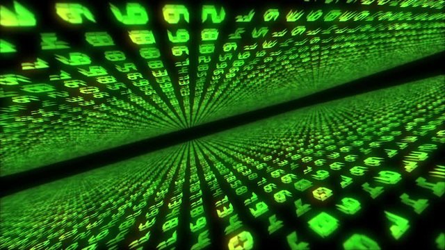 Data binary code network. Digital fly binary code background loop. Simple animation of green numbers on dark background