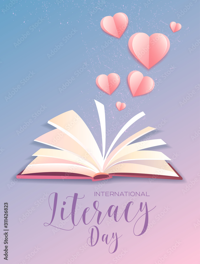 Poster literacy day poster design with open book with little hearts emanating from the pages and text below
