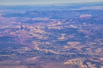 Zions National Park in Utah, Aerial view from airplane of abstract Landscapes, peaks and canyons by Saint George, United States of America. USA.