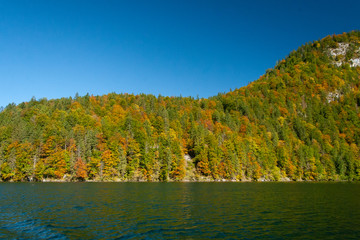 reflection of hills in koenigsee, autumn time in Bavaria, Germanhy