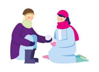 couple of people with winter clothes on white background