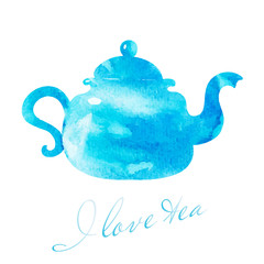 Teapot illustration. Cafe and tea bar picture. Blue  teapot for tea watercolor picture.
