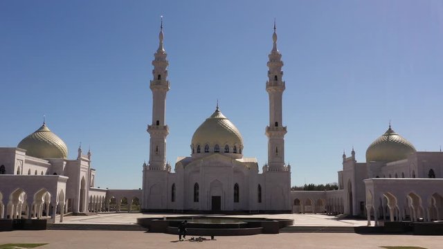 White mosque aerial view. Volga Bulgaria Tatarstan, Republic, Russia. Bulgar historical and architectural complex. Big beautiful mosque in the village on the banks of the Volga