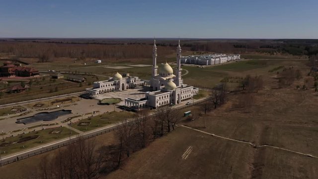White mosque aerial view. Volga Bulgaria Tatarstan, Republic, Russia. Bulgar historical and architectural complex. Big beautiful mosque in the village on the banks of the Volga