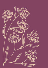 Beige branches with flowers on a maroon background. Blank, template for greeting card