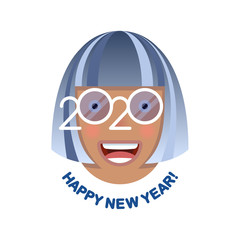 Cheerful smiling gray-haired woman in blue glasses - a symbol of the upcoming 2020. Happy new year!