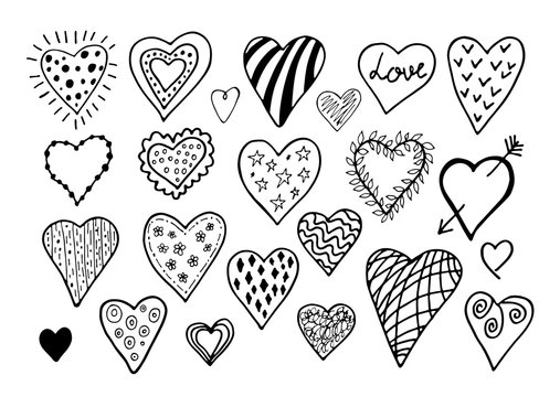 Black and white hearts set in doodle style isolated on white background. Vector stock illustration. Hand drawing line art image for Valentines Day decor.