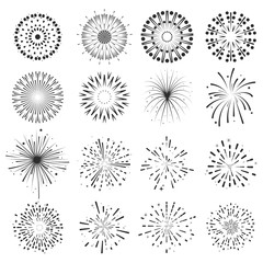 Set of fireworks icons. Holiday, festival, party. Celebrating New Year. Bright flashes. The explosion of Petard. Vector.