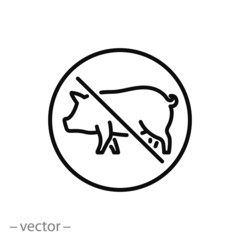 pork ban icon, no pig meat sign, forbiden thin line symbol on white background - editable stroke vector illustration eps10