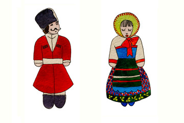watercolor caucasian couple in national dress characters