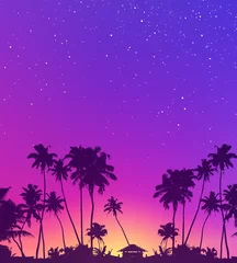 Keuken spatwand met foto Violet starry sky and palm trees dark silhouettes vector tropic sunset background © art_of_sun